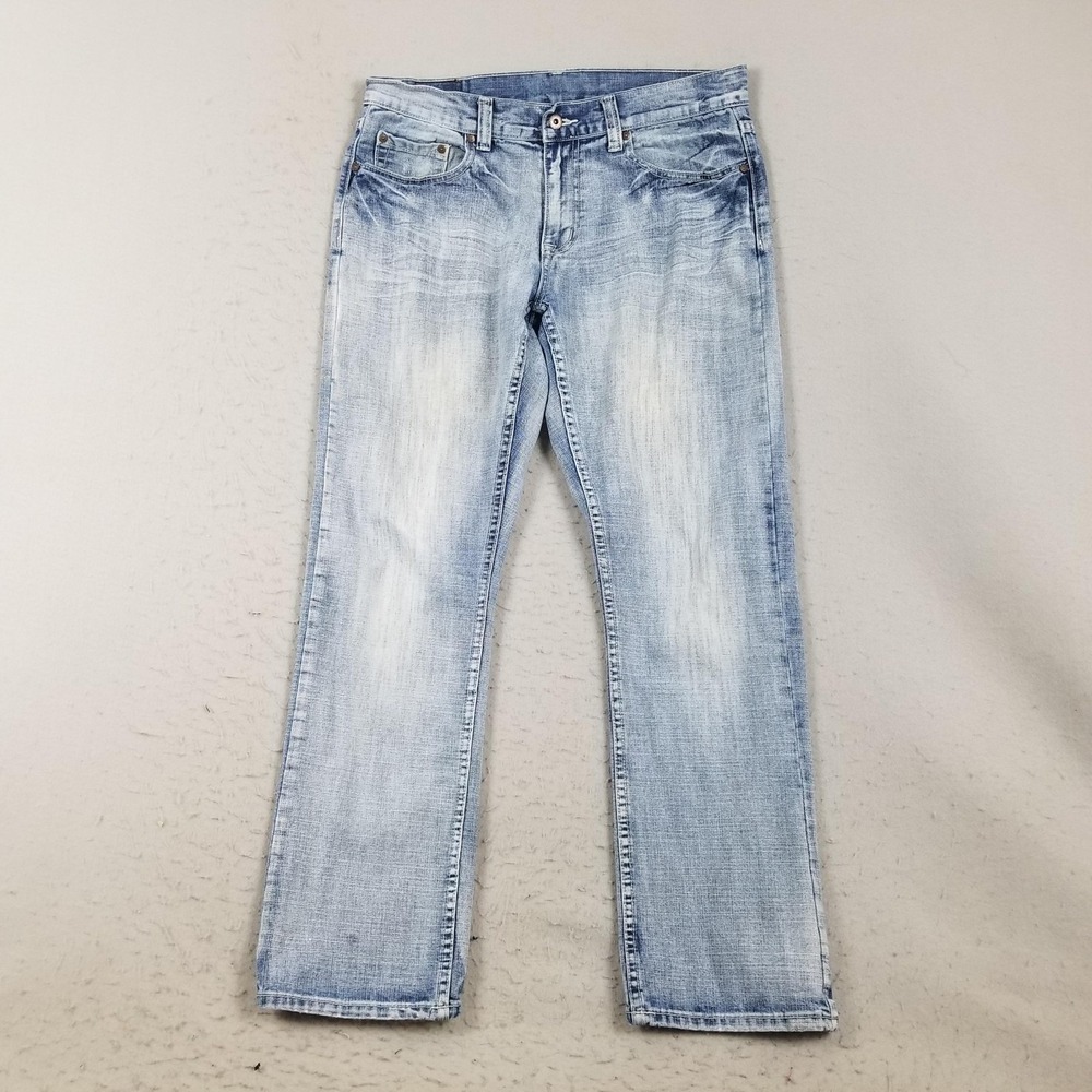 Flypaper Jeans Mens 34x32 Blue Light Wash Straight Leg Embroidered Distressed